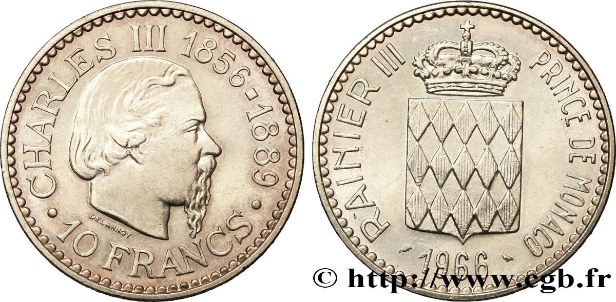 MONACO 10 Francs Charles III 1966 Paris fST 