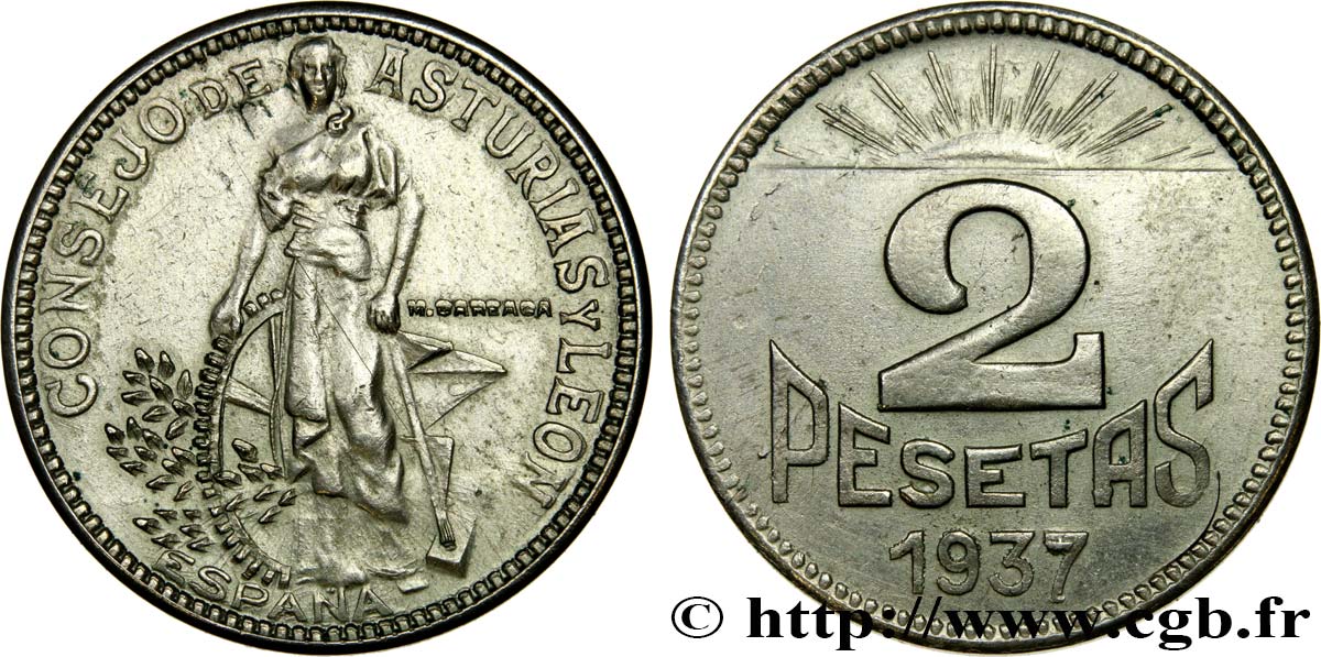ESPAGNE - ASTURIES ET LÉON 2 Pesetas - Conseil des Asturies et de Léon 1937 Gijón TTB 