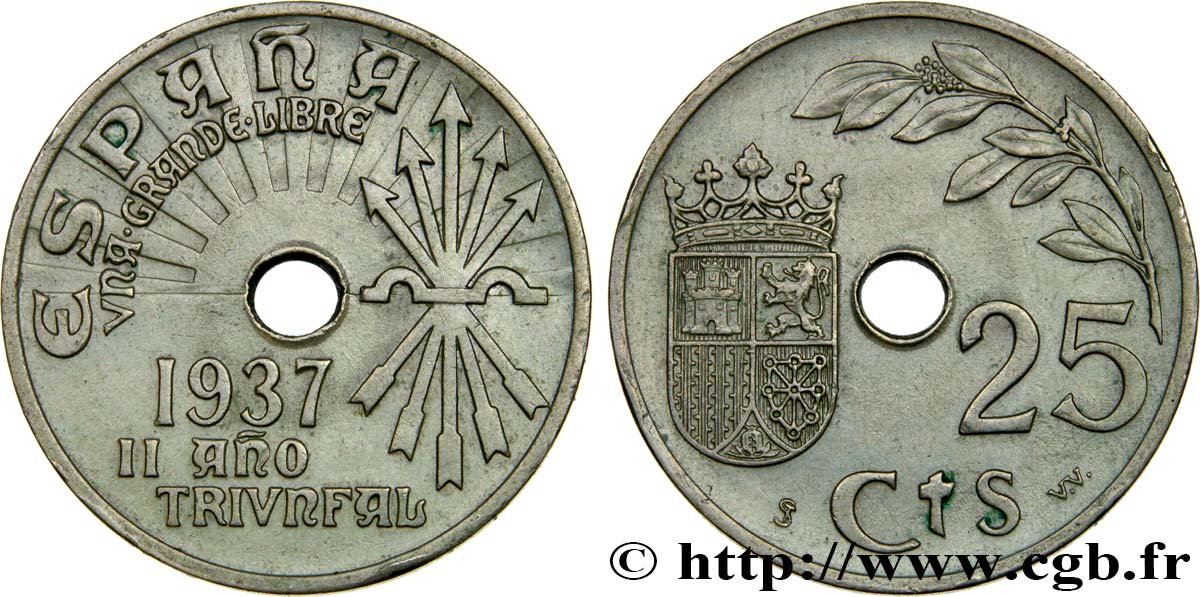 ESPAGNE 25 Centimos monnayage nationaliste 1937 Vienne SUP 