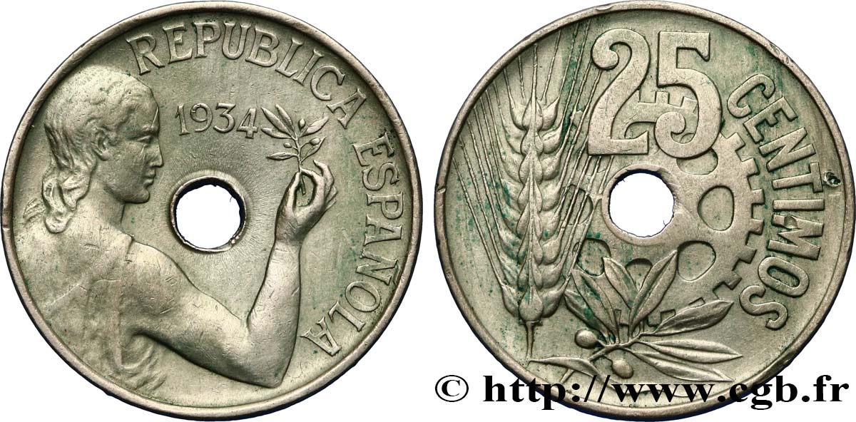 ESPAGNE 25 Centimos monnayage républicain 1934  TTB 