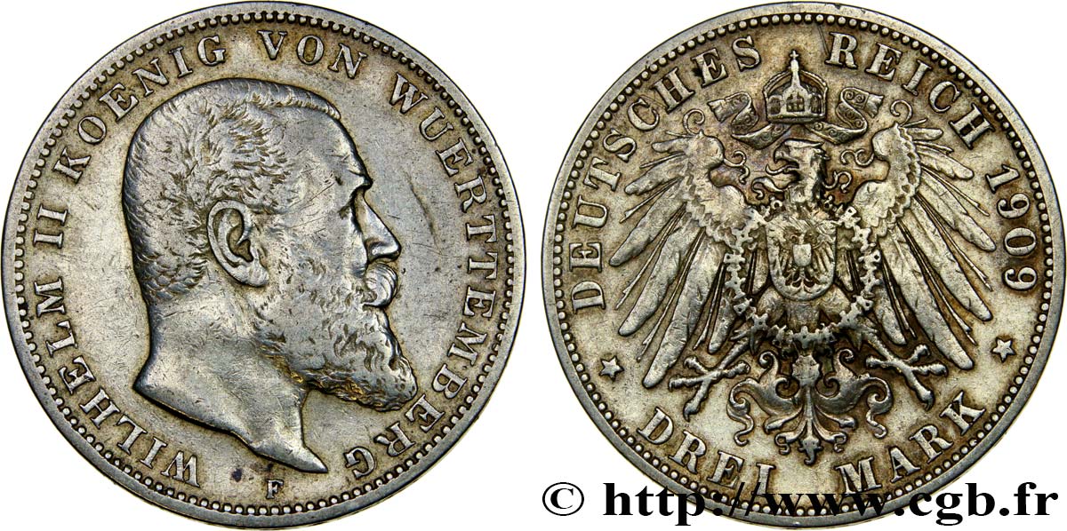 ALEMANIA - WURTEMBERG 3 Mark Guillaume II 1909 Stuttgart MBC 