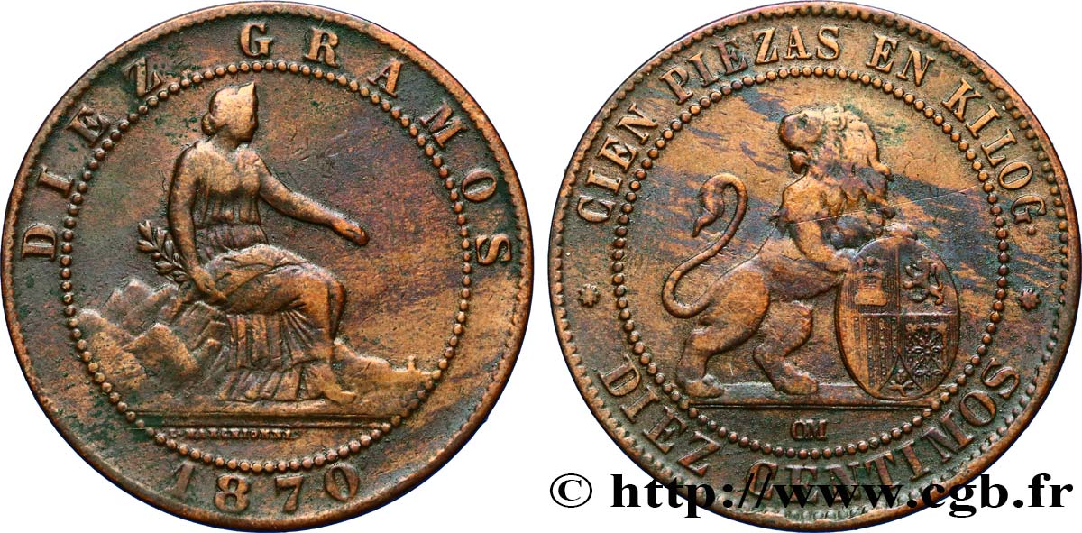 SPAGNA 10 Centimos monnayage provisoire “ESPAÑA” assise / lion au bouclier 1870 Oeschger Mesdach & CO q.BB 