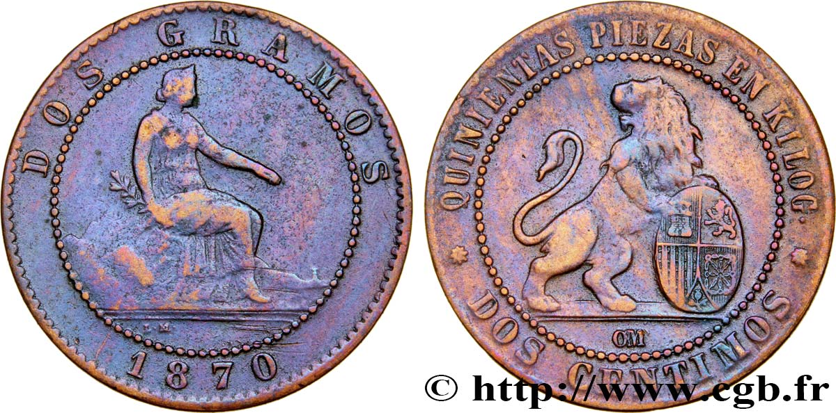ESPAGNE 2 Centimos monnayage provisoire 1870 Oeschger Mesdach & CO TTB 