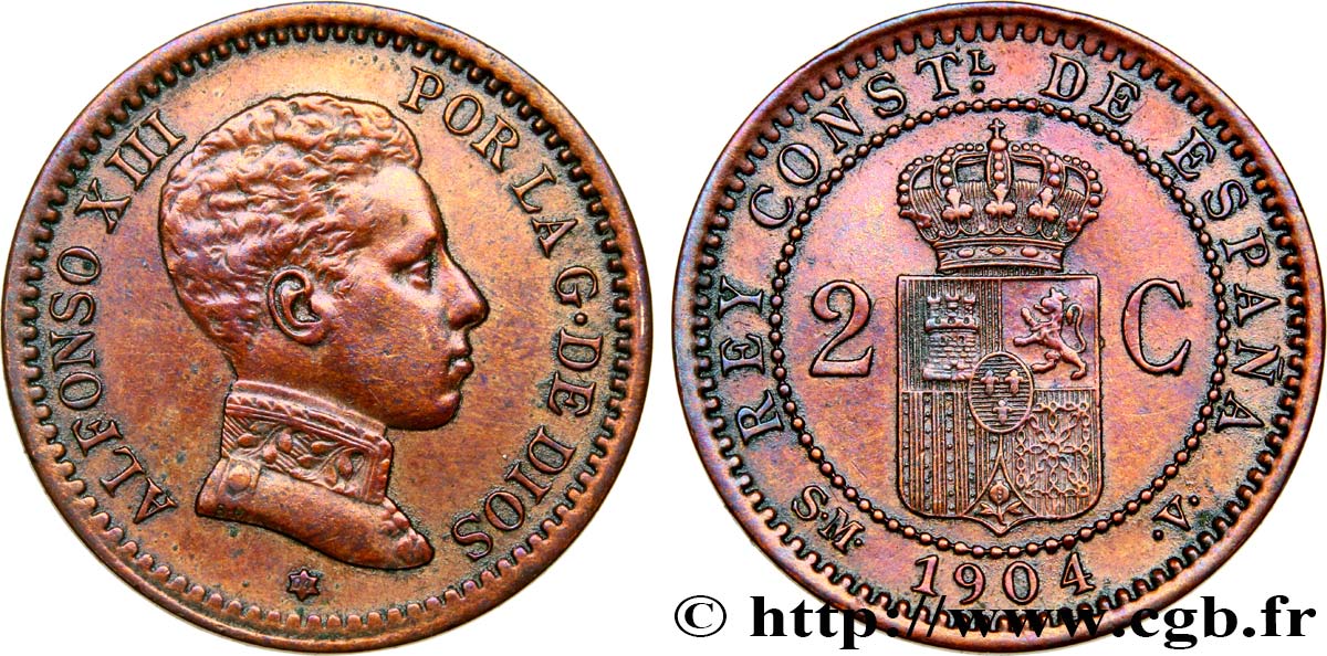 ESPAGNE 2 Centimos Alphonse XIII 1904 Madrid TTB 