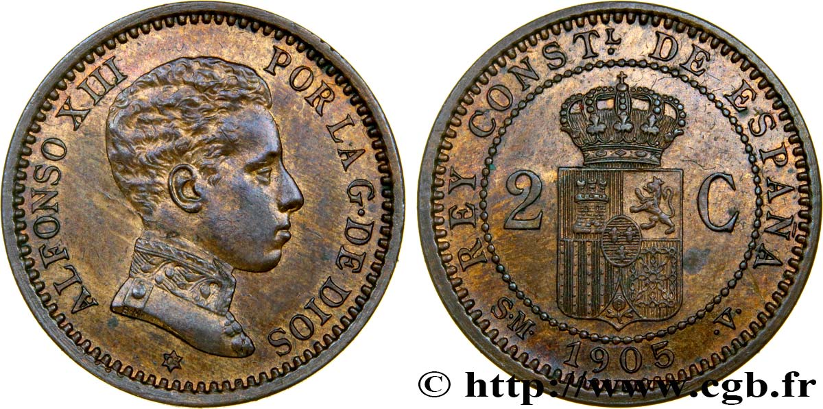 SPAIN 2 Centimos Alphonse XIII 1905 Madrid AU 