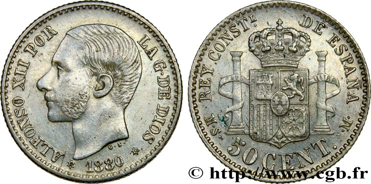SPAIN 50 Centimos Alphonse XII 1880 Madrid AU 