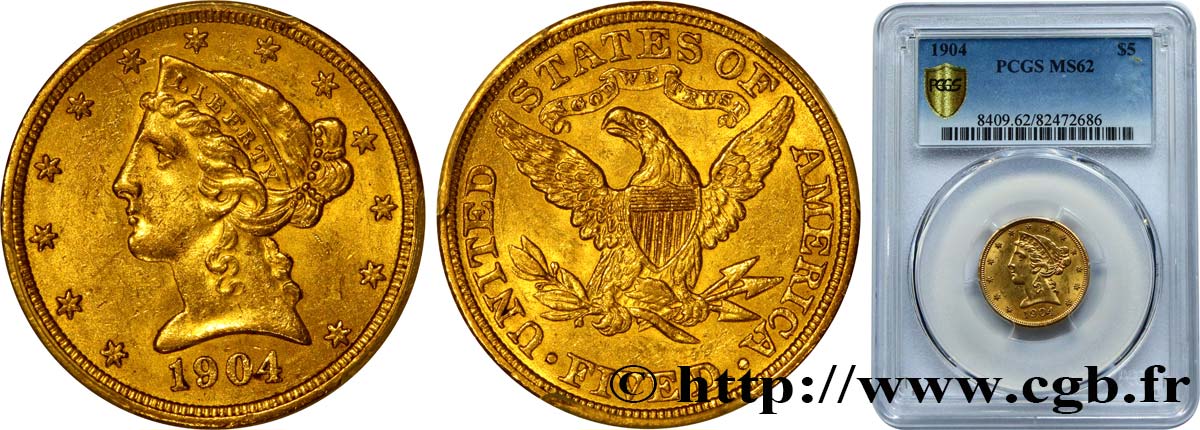 ÉTATS-UNIS D AMÉRIQUE 5 Dollars  Liberty  1904 Philadelphie EBC62 PCGS