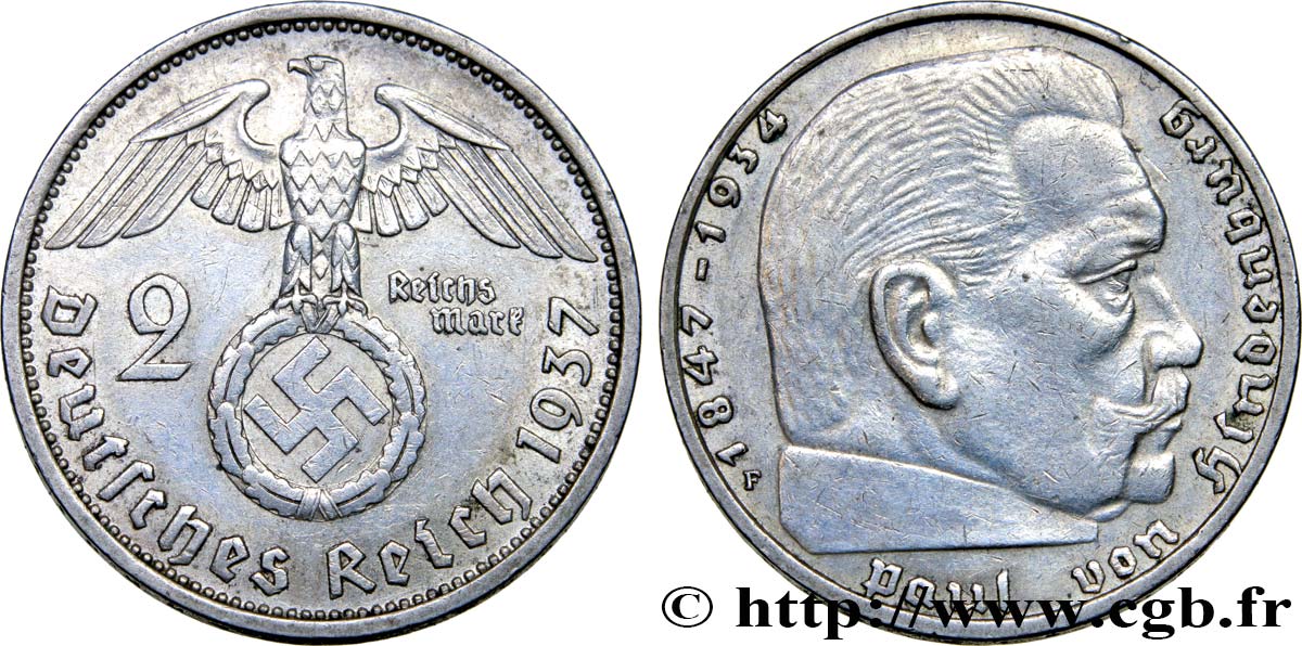 ALLEMAGNE 2 Reichsmark aigle surmontant une swastika / Maréchal Paul von Hindenburg 1937 Stuttgart - F SUP 