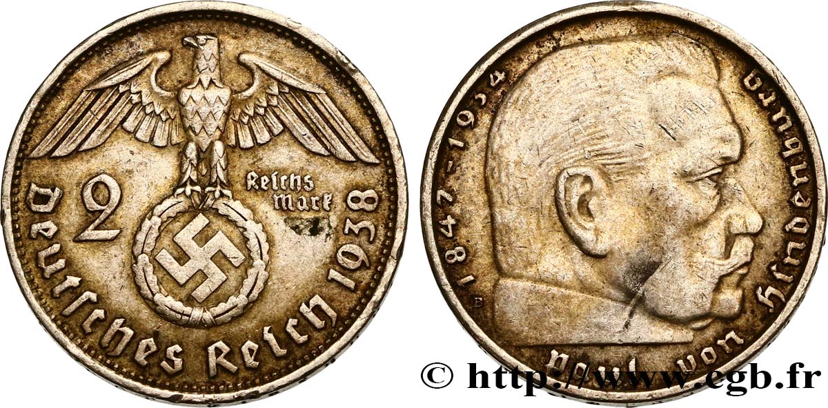 ALEMANIA 2 Reichsmark Maréchal Paul von Hindenburg 1938 Vienne MBC+ 