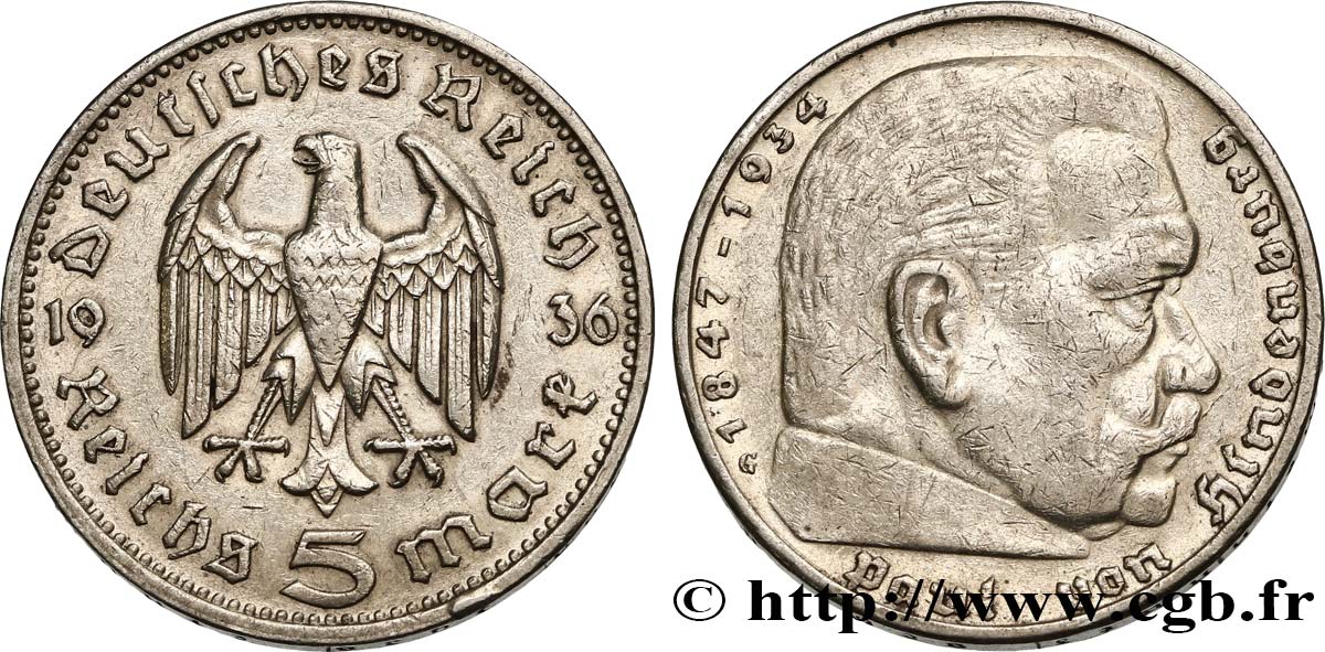 GERMANIA 5 Reichsmark Maréchal Paul von Hindenburg 1936 Karlsruhe - G BB 