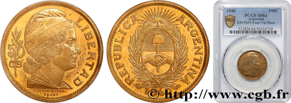 ARGENTINA Essai de 50 Centavos Bronze ou laiton (?) 1940 Paris MS64 PCGS