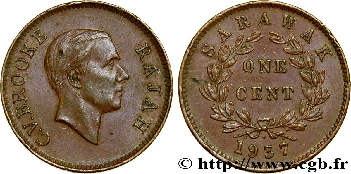 SARAWAK 1 Cent Sarawak Rajah C.V. Brooke 1937 Heaton MBC+ 