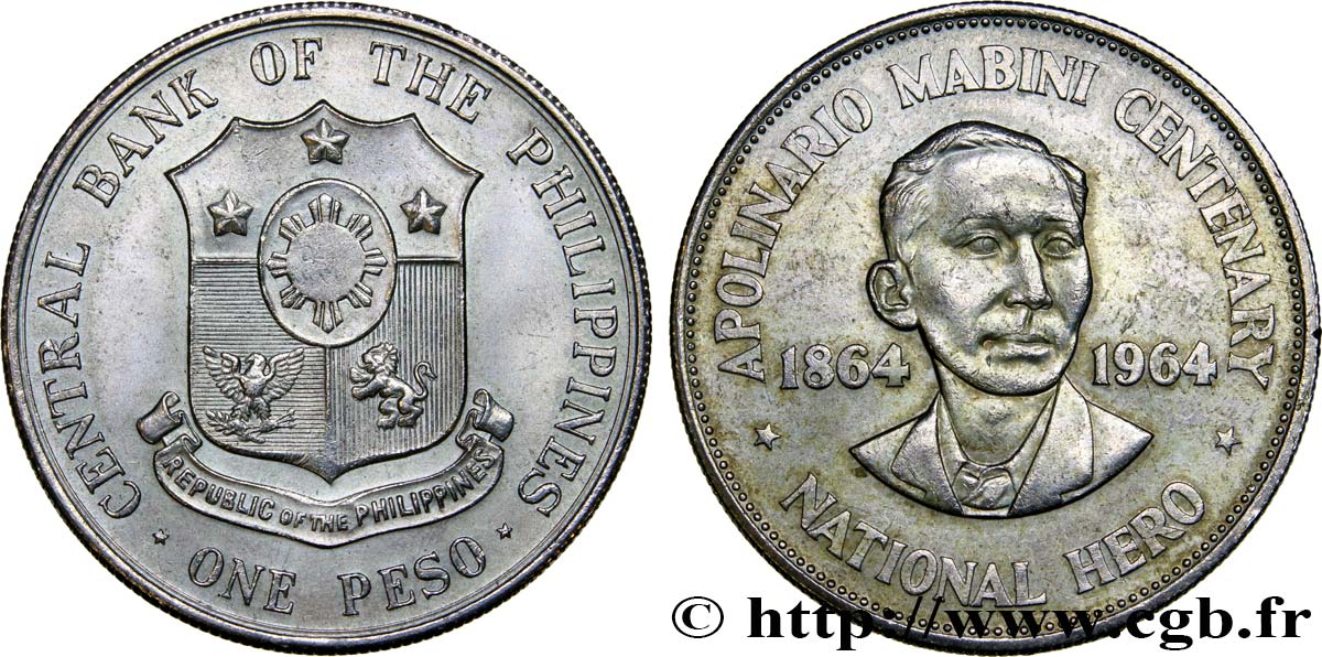 PHILIPPINES 1 Peso centenaire de la naissance d’Apolinaro Mabini 1964  TTB+/SUP 