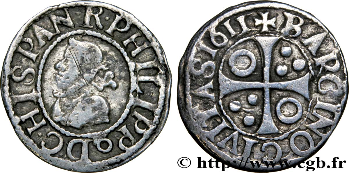 SPAIN - KINGDOM OF SPAIN - PHILIP III 1/2 Real 1611 Barcelone VF 