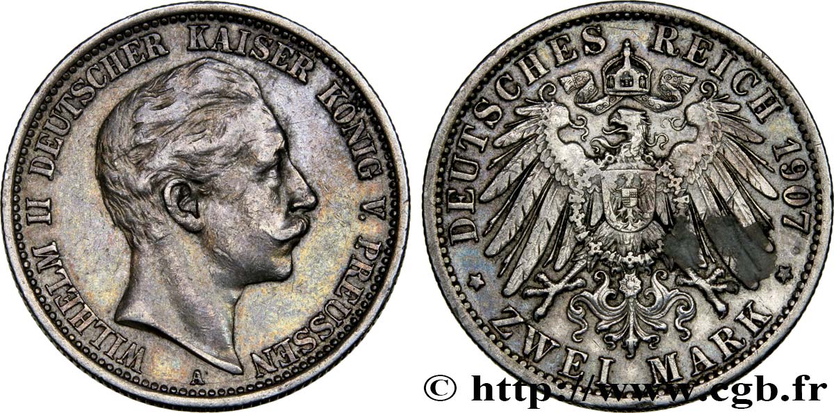 ALLEMAGNE - PRUSSE 2 Mark Guillaume II 1907 Berlin TTB 