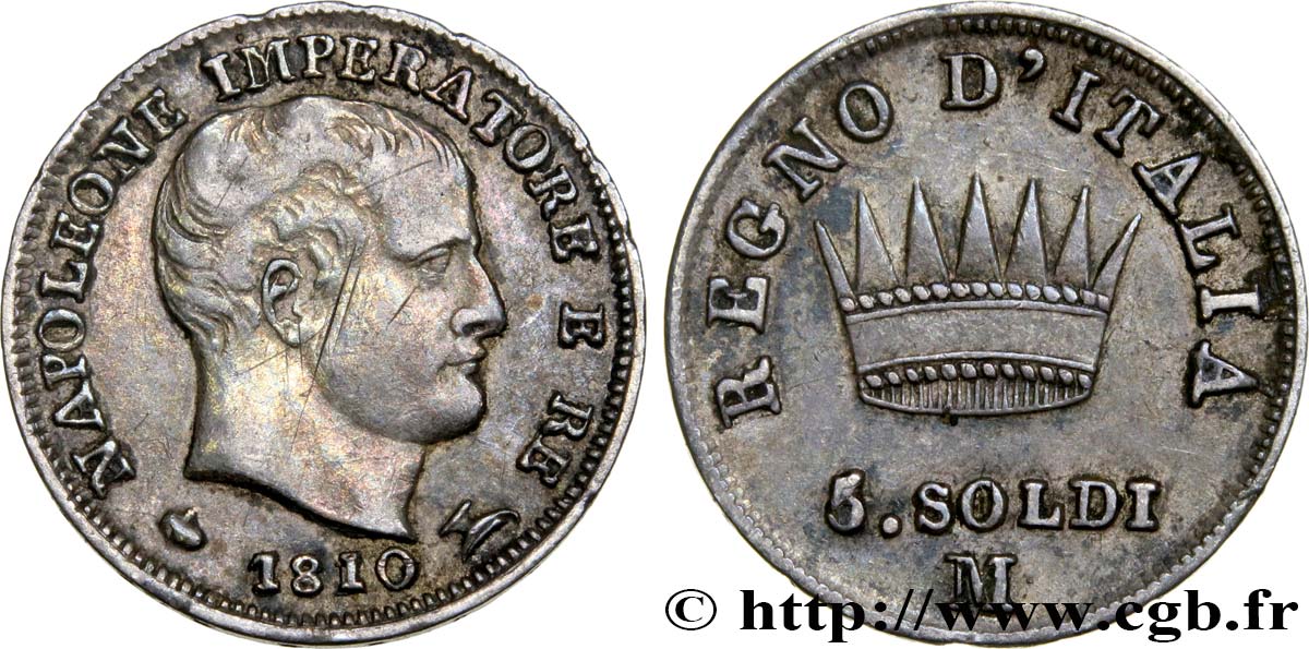 ITALY - KINGDOM OF ITALY - NAPOLEON I 5 Soldi 1810 Milan AU 