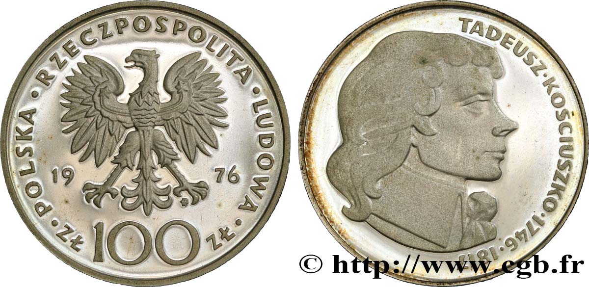 POLONIA 100 Zlotych Proof Tadeusz Kosciuszko 1976 Varsovie MS 