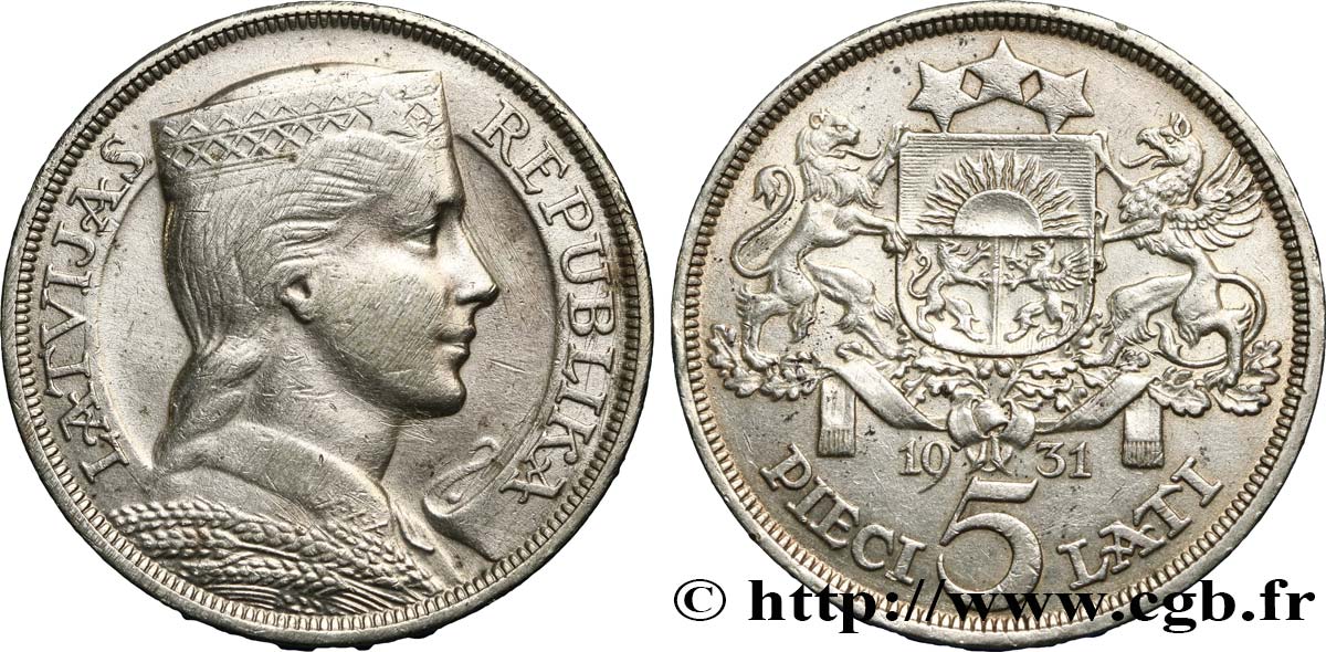 LETTONIE 5 Lati 1931  TTB/TTB+ 