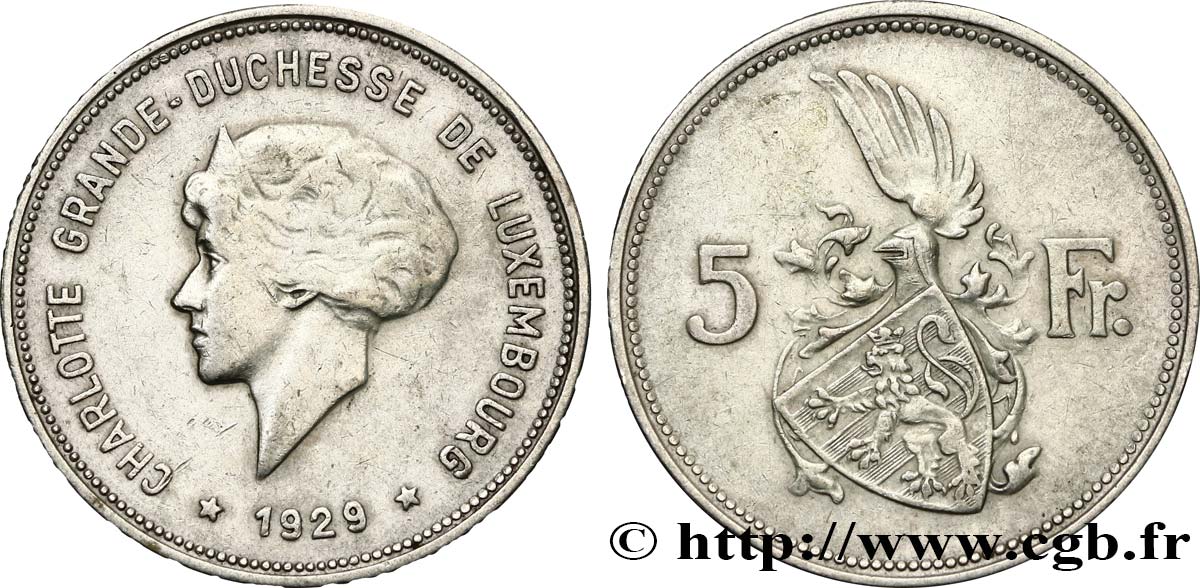 LUSSEMBURGO 5 Francs Grande-Duchesse Charlotte 1929  q.BB 