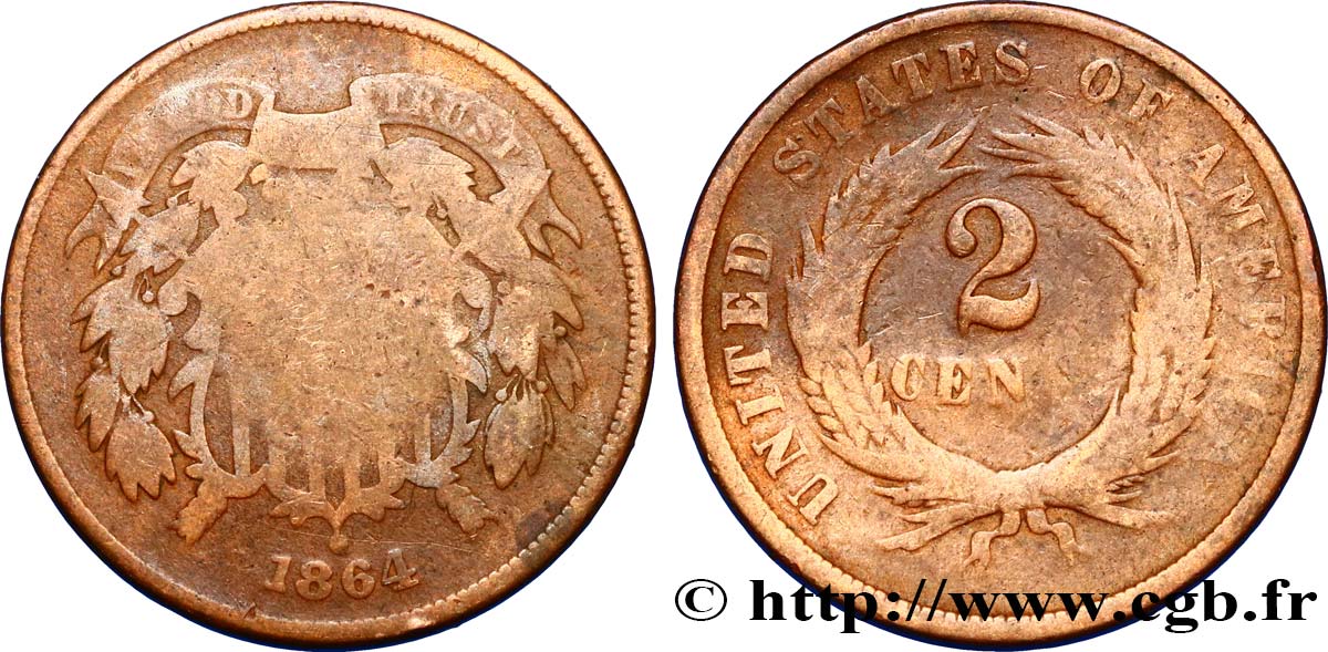 STATI UNITI D AMERICA 2 Cents 1864 Philadelphie q.MB 