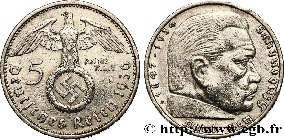 ALEMANIA 5 Reichsmark Maréchal Paul von Hindenburg 1936 Berlin MBC+ 