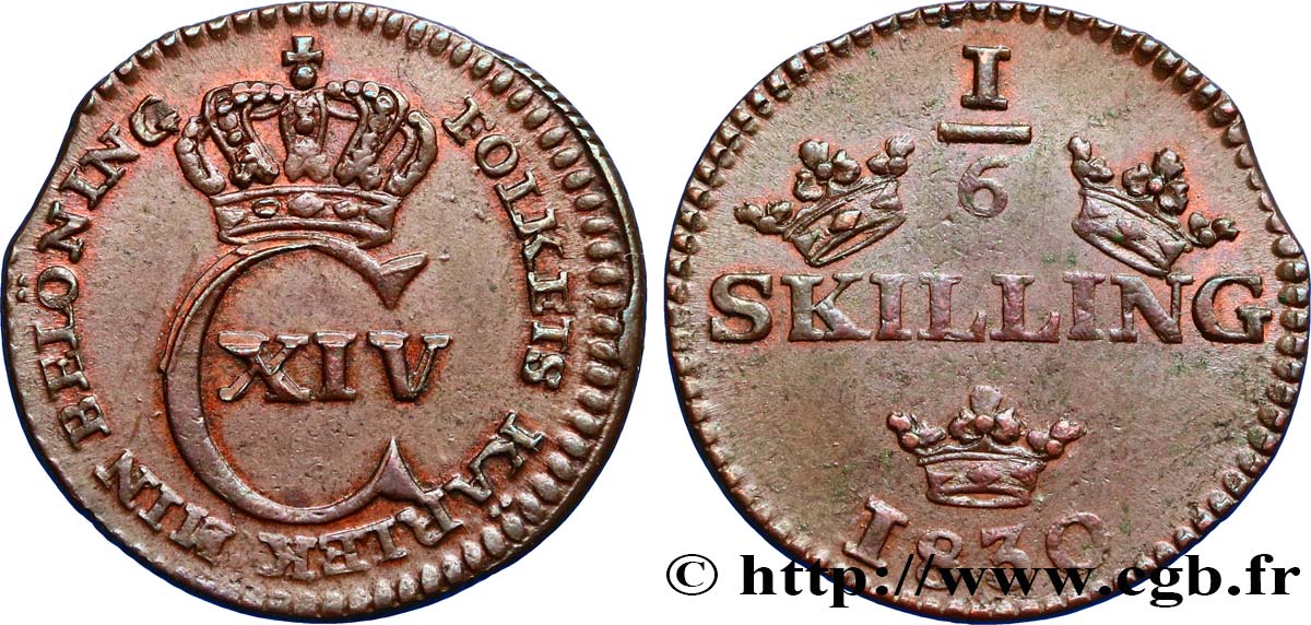 SWEDEN 1/6 Skilling Charles XIV 1830  AU 