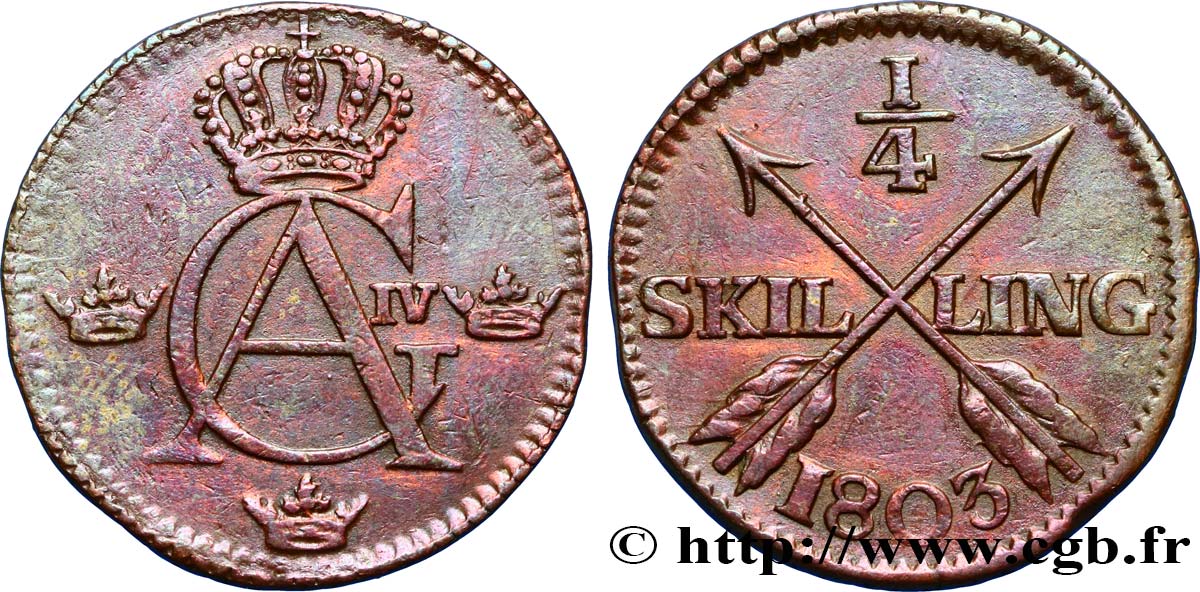 SWEDEN 1/4 Skilling monogramme du roi Gustave IV Adolphe 1803  XF 