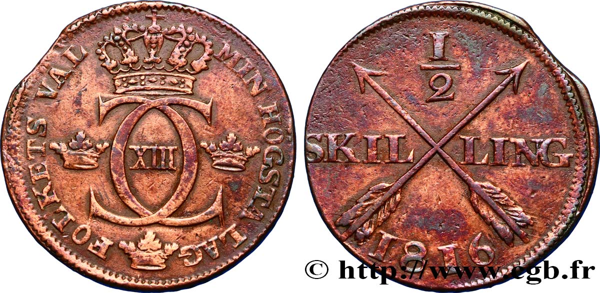 SWEDEN 1/2 Skilling monogramme du roi Charles XIII 1816  XF 