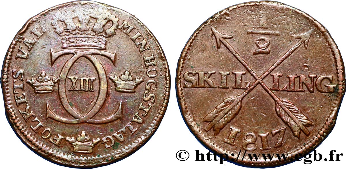 SWEDEN 1/2 Skilling monogramme du roi Charles XIII 1817  VF 