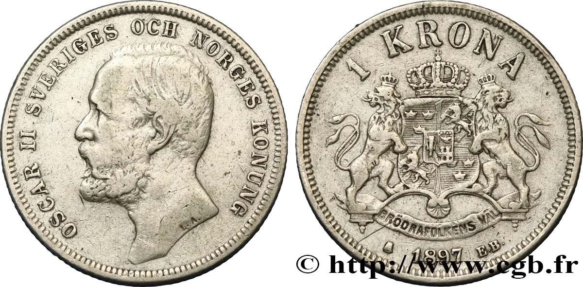 SWEDEN 1 Krona Oscar II 1897  VF 