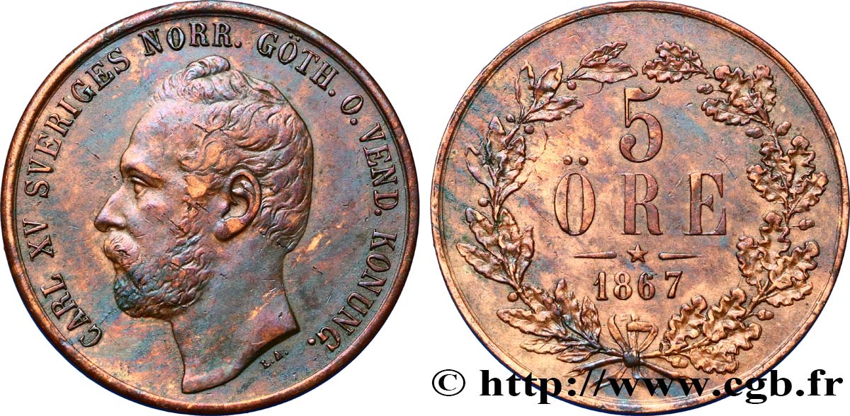 SUÈDE 5 Ore Charles XV 1862  TTB 