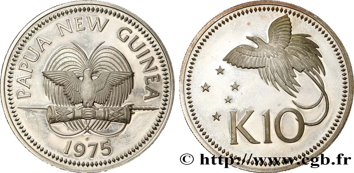PAPUA-NEUGUINEA 10 Kina Proof oiseau de paradis 1975 Franklin Mint fST 
