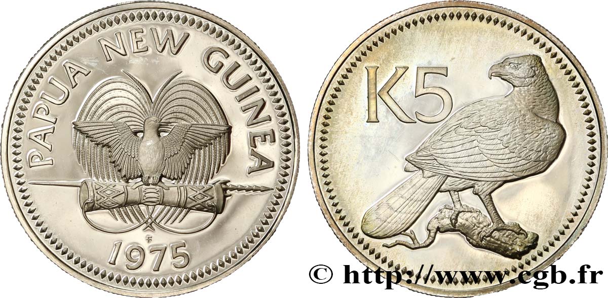 PAPUA NEW GUINEA 5 Kina Proof oiseau de paradis / aigle 1976 Franklin Mint MS 