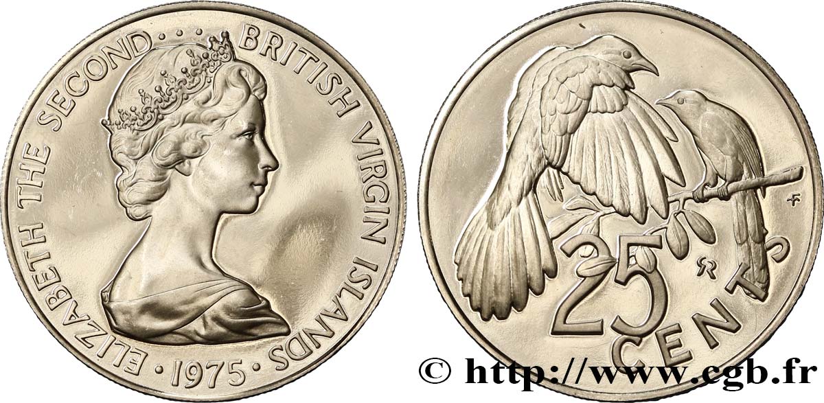 ISOLE VERGINI BRITANNICHE 25 Cents Proof Elisabeth II /  / Coulicou manioc  (oiseau) 1975 Franklin Mint FDC 