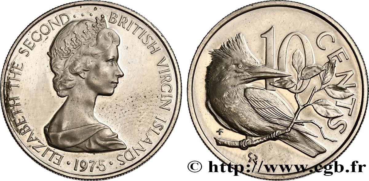 BRITISCHE JUNGFERNINSELN 10 Cents Proof Elisabeth II /  / Martin-pêcheur(oiseau) 1975 Franklin Mint fST 
