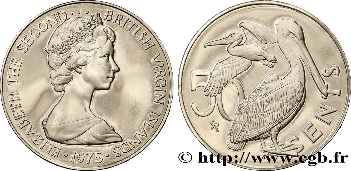 ISLAS VíRGENES BRITáNICAS 50 Cents Proof Elisabeth II / pélicans bruns 1975 Franklin Mint FDC 