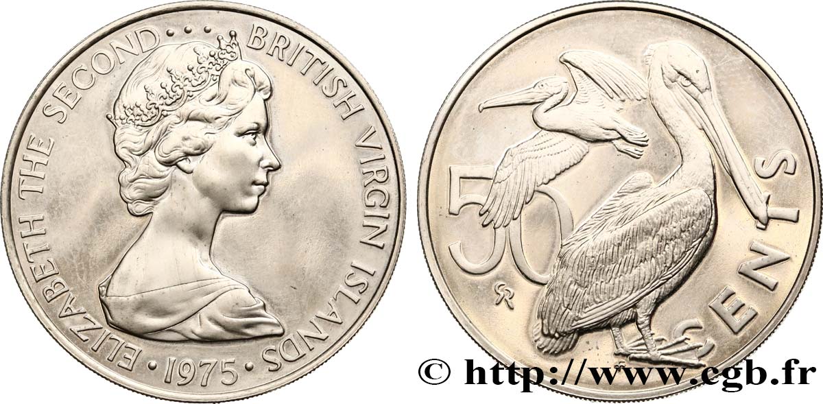 BRITISCHE JUNGFERNINSELN 50 Cents Proof Elisabeth II / pélicans bruns 1975 Franklin Mint fST 