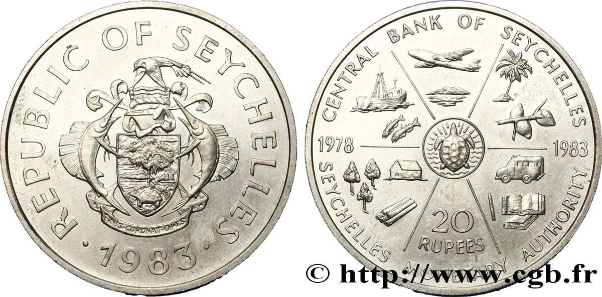 SEYCHELLEN 20 Rupees 5e anniversaire de la banque centrale 1983  fST 