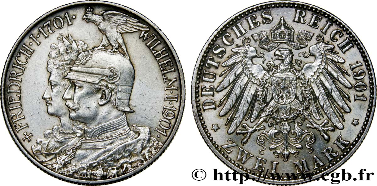 ALLEMAGNE - PRUSSE 2 Mark Guillaume II 200e anniversaire de la Prusse 1901 Berlin SUP 