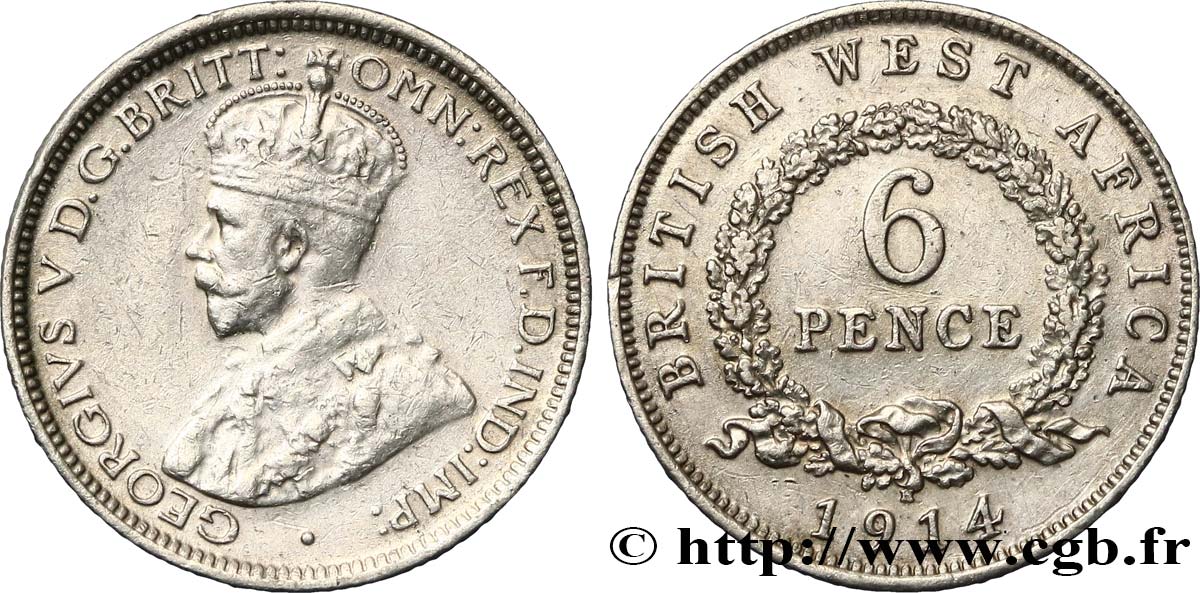 BRITISH WEST AFRICA 6 Pence Georges V 1914 Heaton XF 