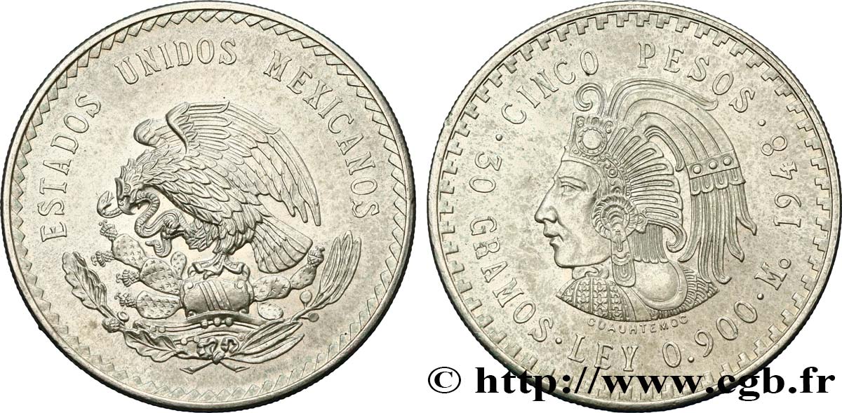 MEXIQUE 5 Pesos Buste de Cuauhtemoc 1948 Mexico SPL 