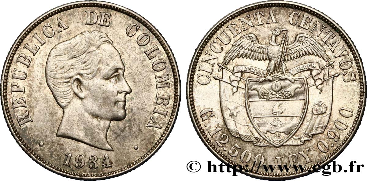 COLOMBIA 50 Centavos 1934  AU/MS 