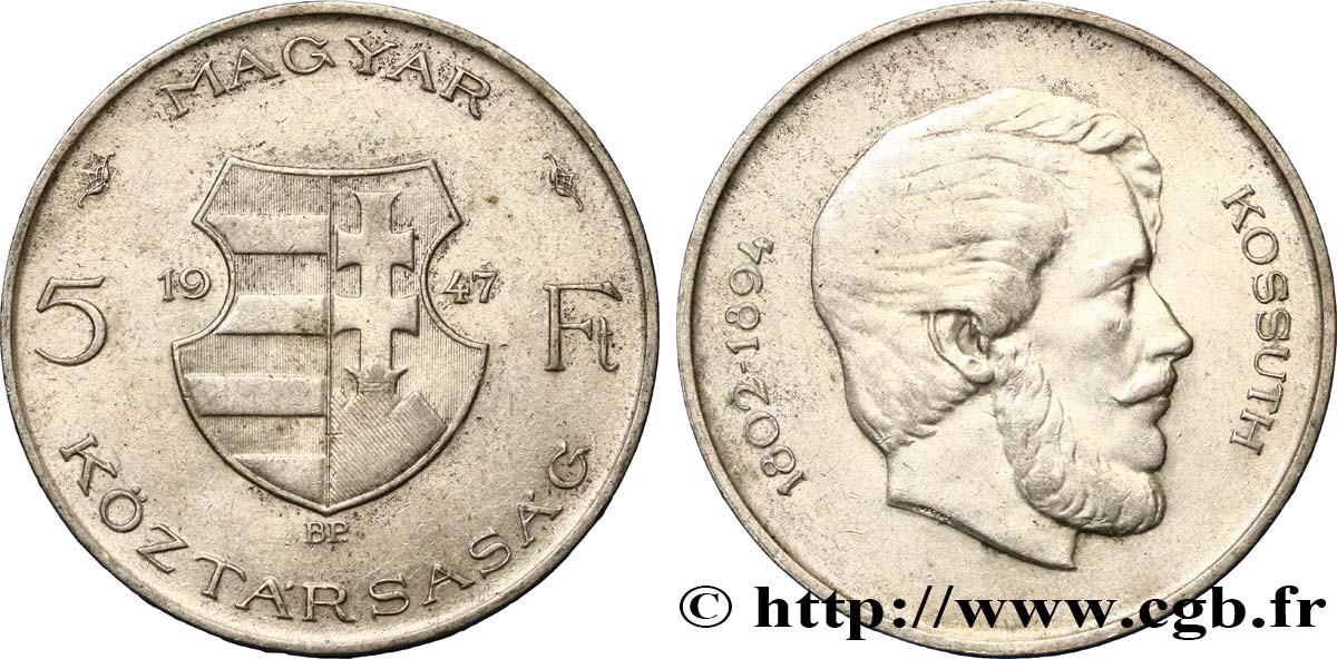 HUNGARY 5 Forint Lajos Kossuth 1947 Budapest XF 