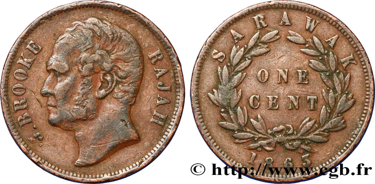 SARAWAK 1 Cent Sarawak Rajah James Brooke 1863 Birmingham VF 