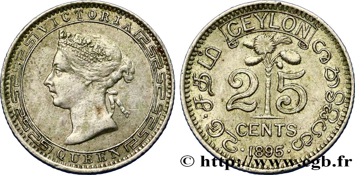 CEYLON 25 Cents Victoria 1895  AU/AU 