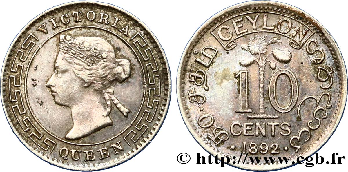 CEYLON 10 Cents Victoria 1892  XF 