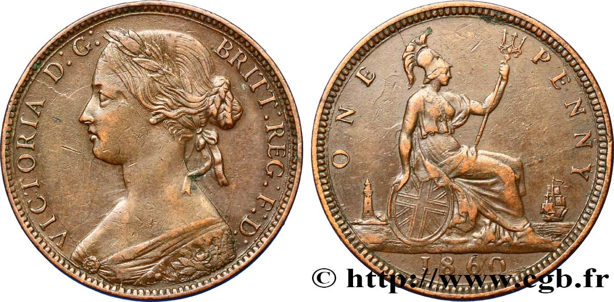 UNITED KINGDOM 1 Penny Victoria “Bun Head” 1860  XF/VF 