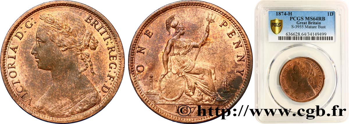 REGNO UNITO 1 Penny Victoria “Bun head”  1874 Heaton MS64 PCGS