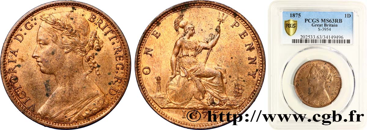 GRAN BRETAGNA - VICTORIA 1 Penny Victoria “Bun head”  1875  MS63 PCGS