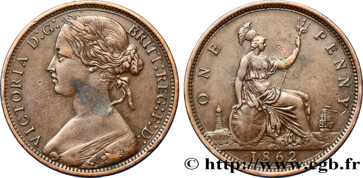 UNITED KINGDOM 1 Penny Victoria “Bun Head” 1862  XF 